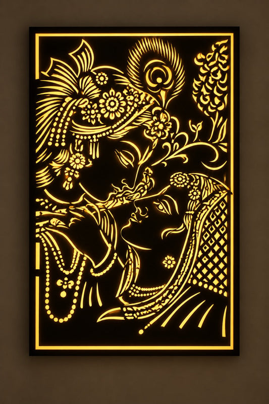 Diwali Special Radha Krishna LED Wall Art – Divine Golden Backlit Wall Decor