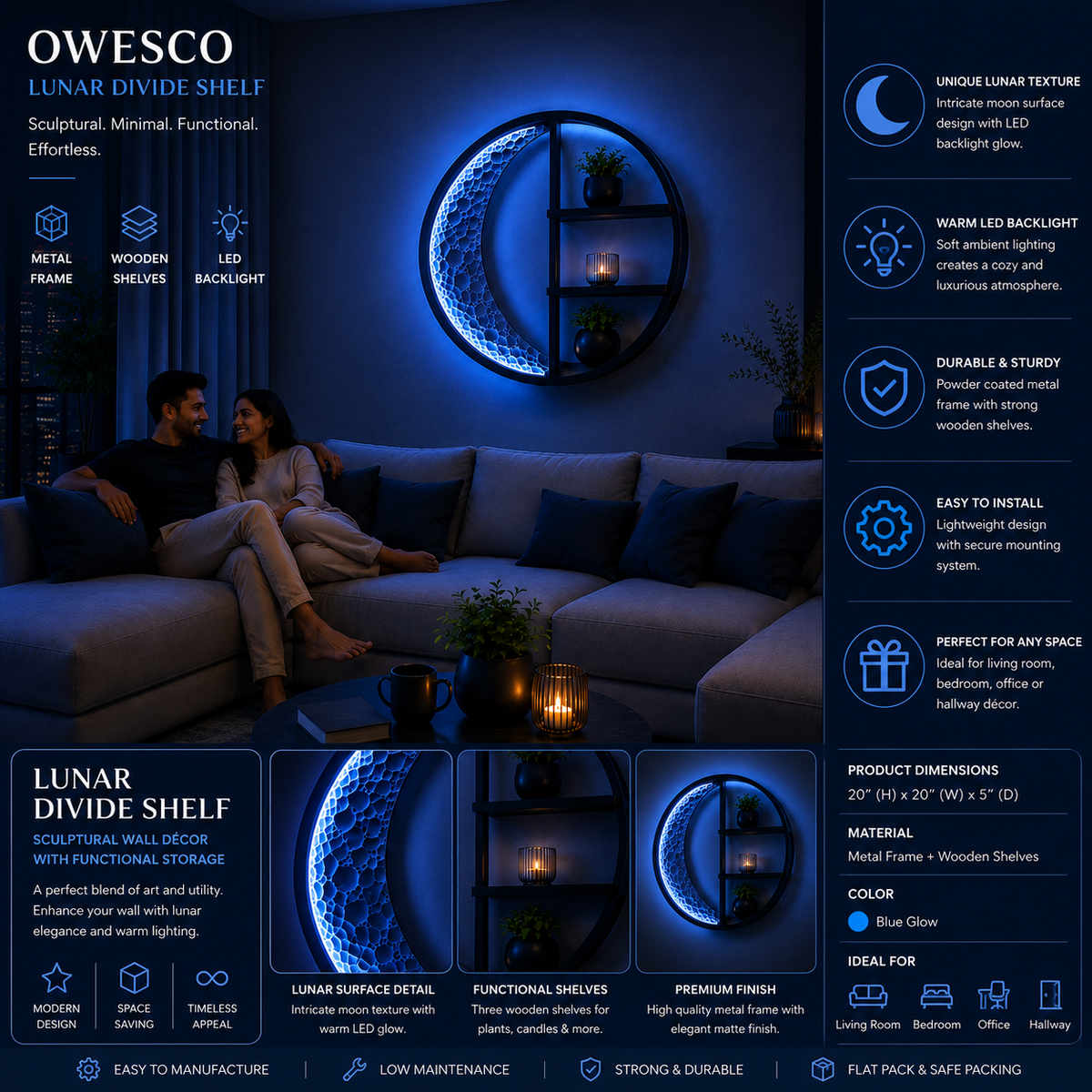 Modern Crescent Moon LED Wall Shelf – Blue Glow