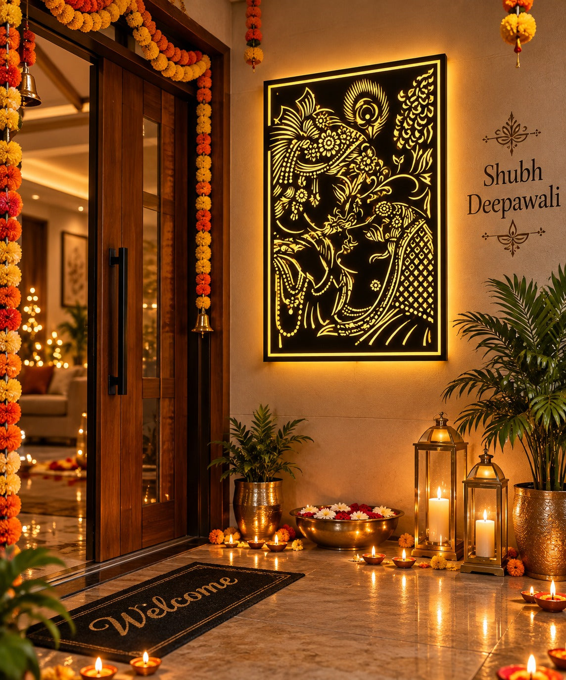 Diwali Special Radha Krishna LED Wall Art – Divine Golden Backlit Wall Decor