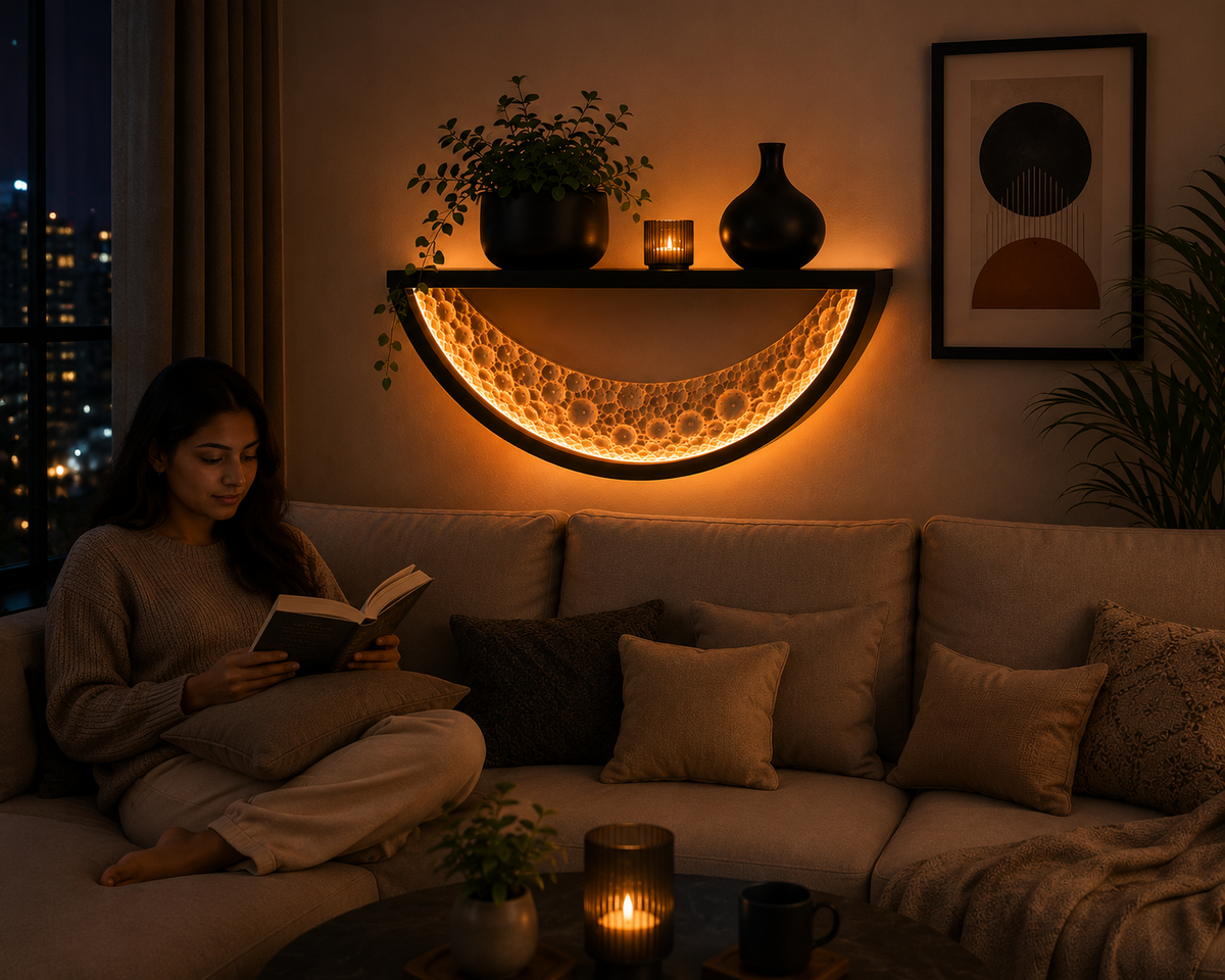 MoonGlow LED Crescent Wall Shelf – Modern Floating Wall Decor with Warm Ambient Light