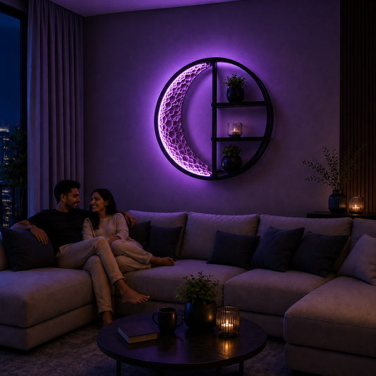 Modern Crescent Moon LED Wall Shelf with Purple Ambient Light