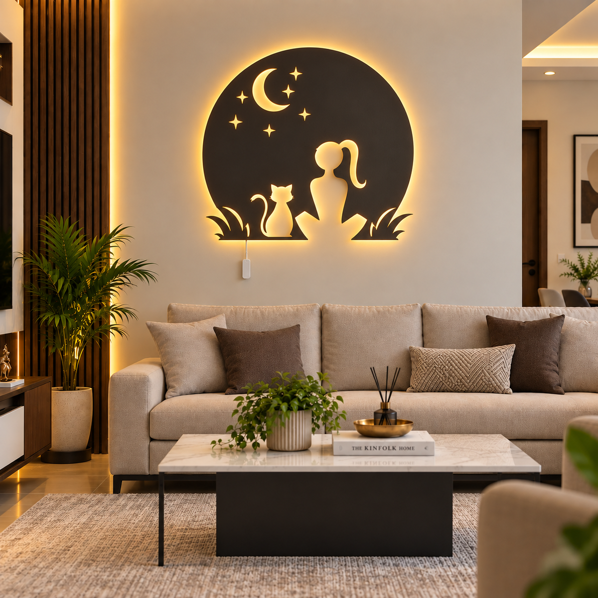 Meditating Woman LED Wall Art – Moon & Stars Backlit Wooden Decor