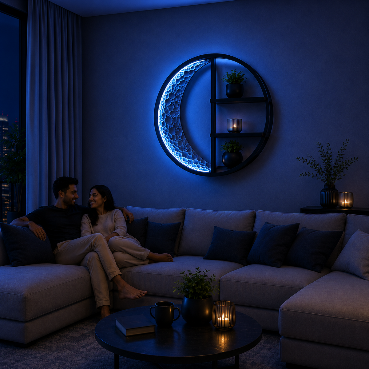 Modern Crescent Moon LED Wall Shelf – Blue Glow