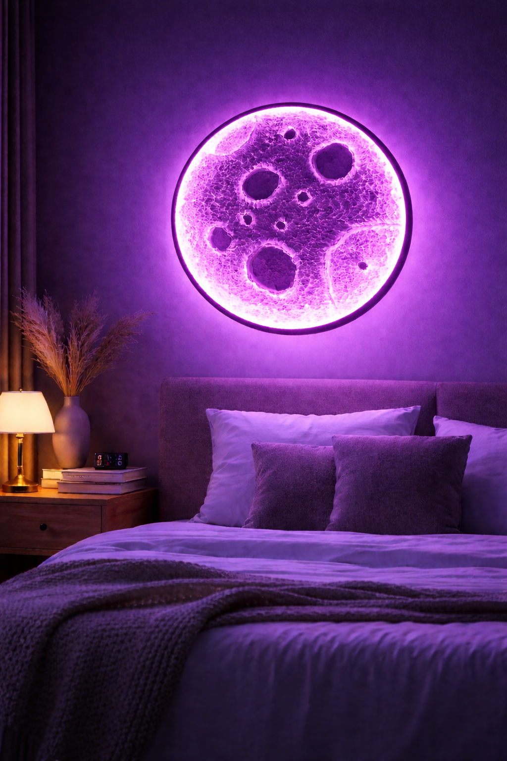3D Moon Wall Light (Purple Glow) – 24 Inch LED Decorative Wall Lamp for Bedroom & Aesthetic Room Decor