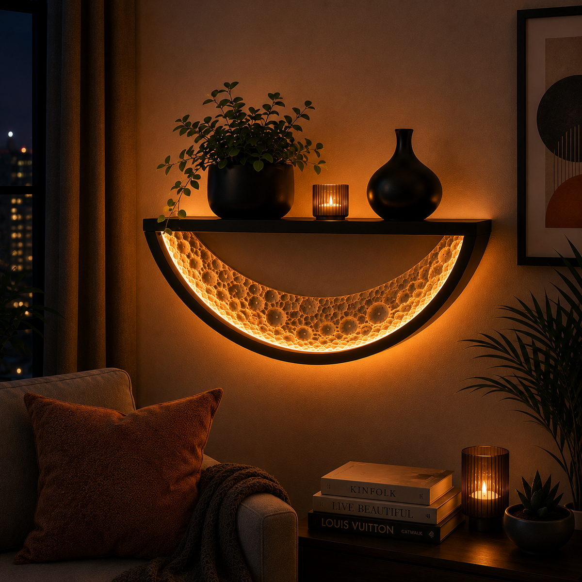 MoonGlow LED Crescent Wall Shelf – Modern Floating Wall Decor with Warm Ambient Light