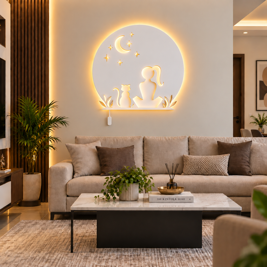 Meditating Woman LED Wall Art – Moon & Stars Backlit Wooden Decor